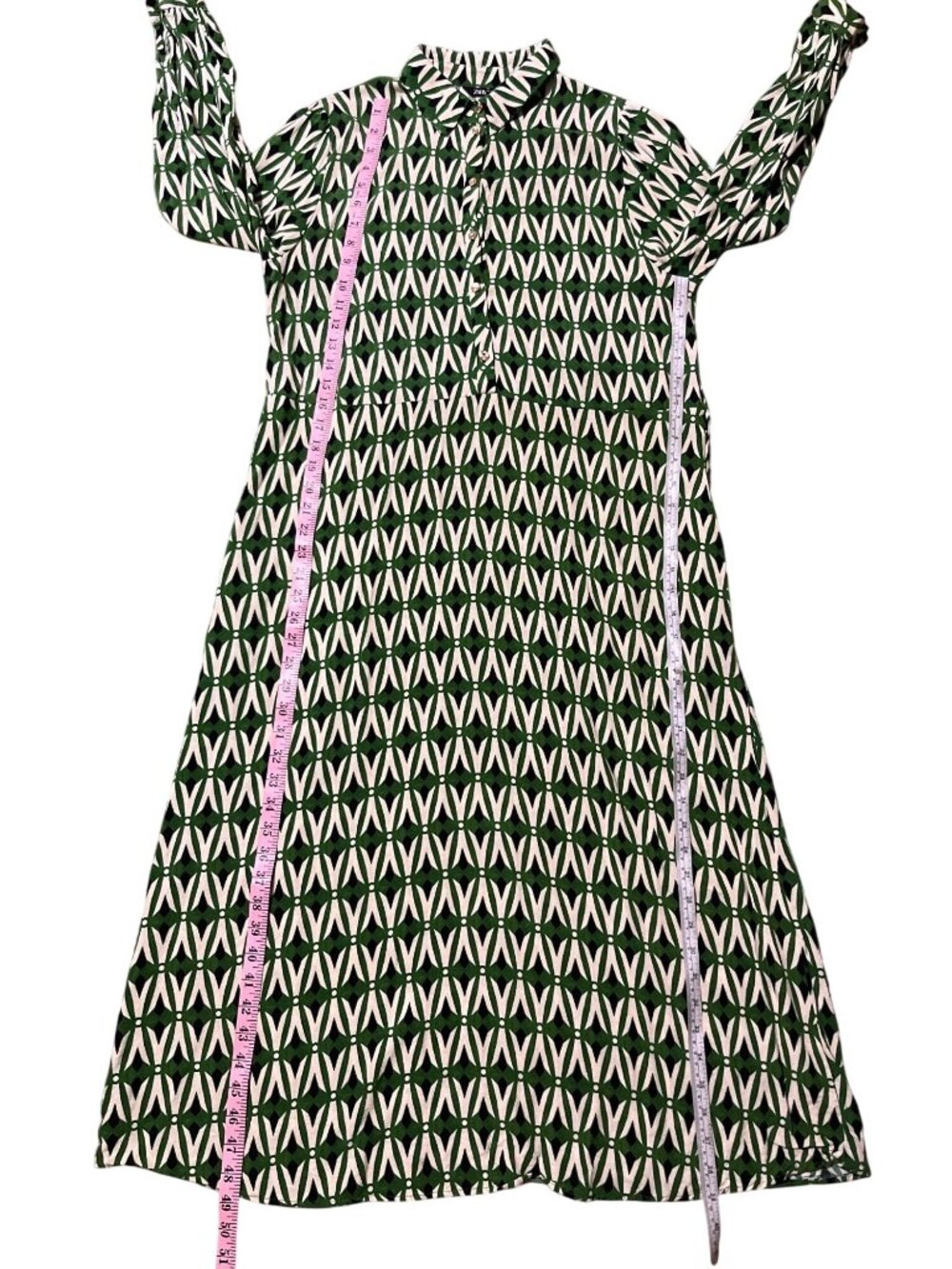 Zara Womens XL Green Navy Cream Geometric Print Midi Shirt Dress Button Used - Picture 10 of 11